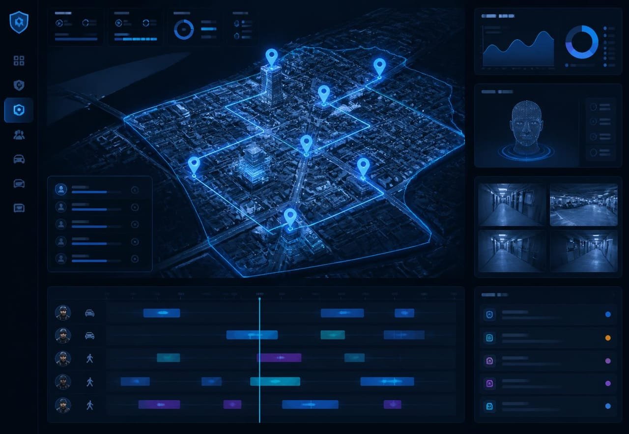 Painel administrativo NoruSec com mapa ao vivo, indicadores do turno e trilhas de ronda